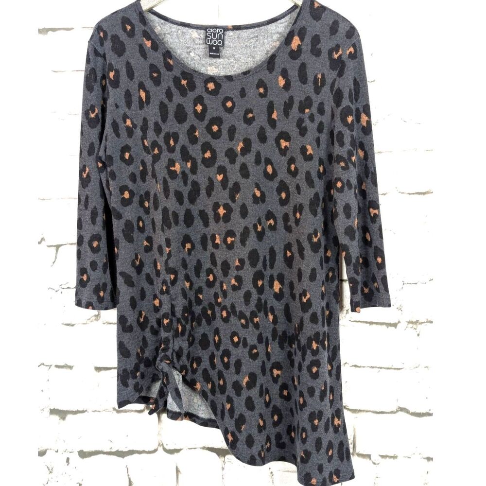CLARA SUN WOO Leopard Print Asymmetrical Knit Tunic USA Artsy Lagenlook Medium